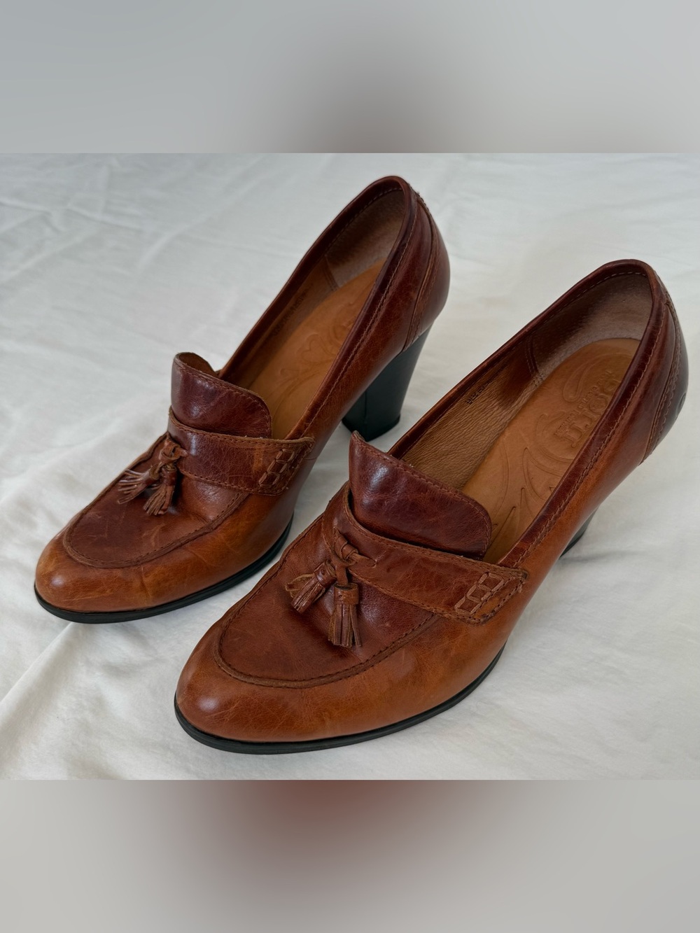 Born Leather Tassel Loafer Heels Brown Leather Pumps Size 11